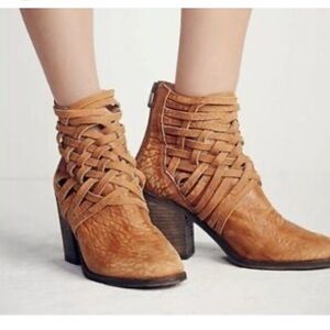 Free People Womens Carrera Woven Leather Boot Tan High Heel Boot Size 38/7.5-8